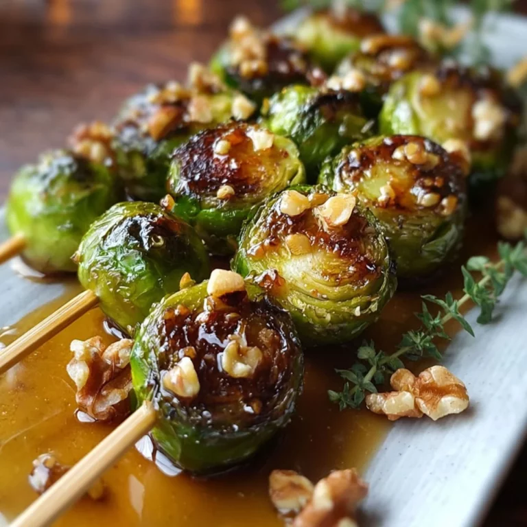 Close-up of caramelized Brussels sprouts skewers with walnut honey glaze on a white plate