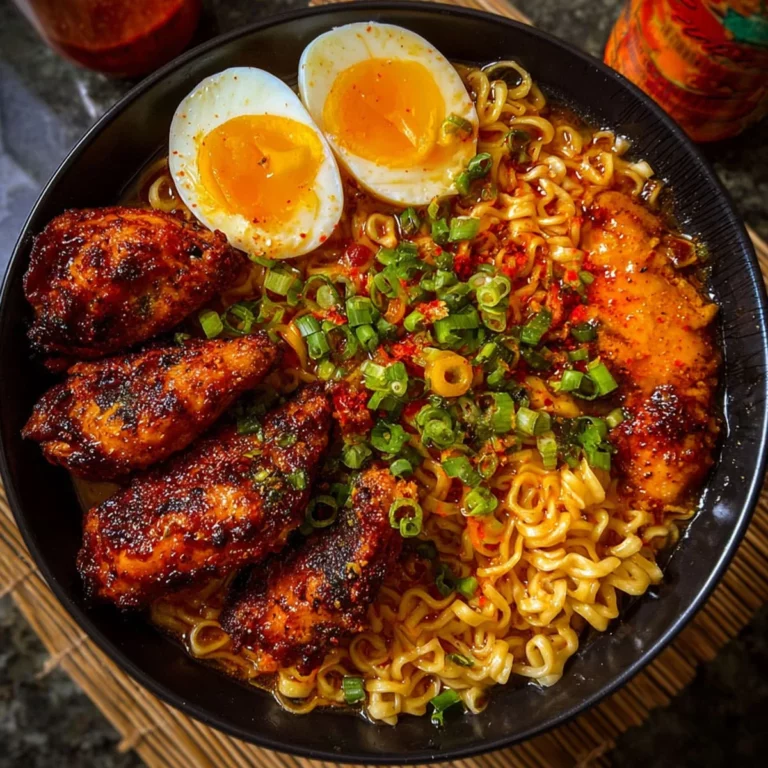 Spicy Chicken Wing Ramen Bowl with jammy eggs, green onions, and chili flakes in a black bowl