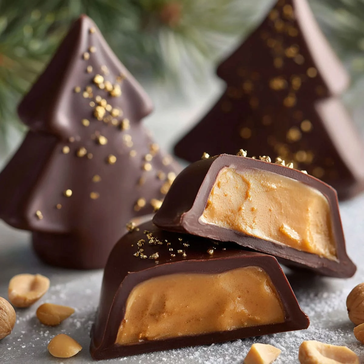 Inside view of a Chocolate Peanut Butter Christmas Tree showing creamy peanut butter filling