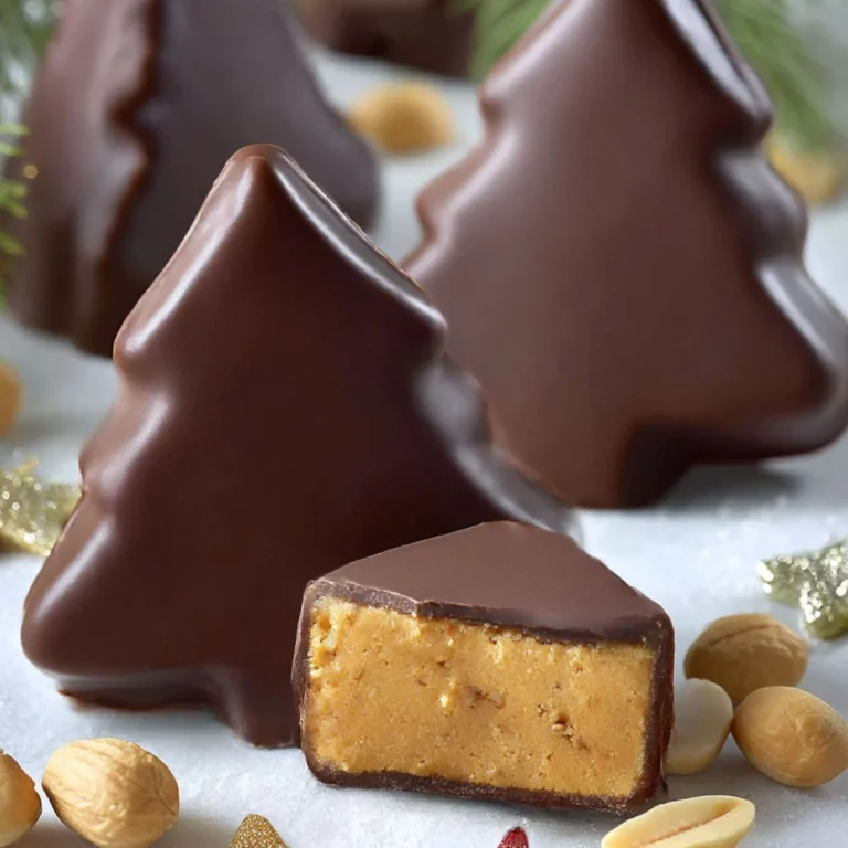 Close-up of Chocolate Peanut Butter Christmas Trees with a creamy peanut butter center and dark chocolate coating