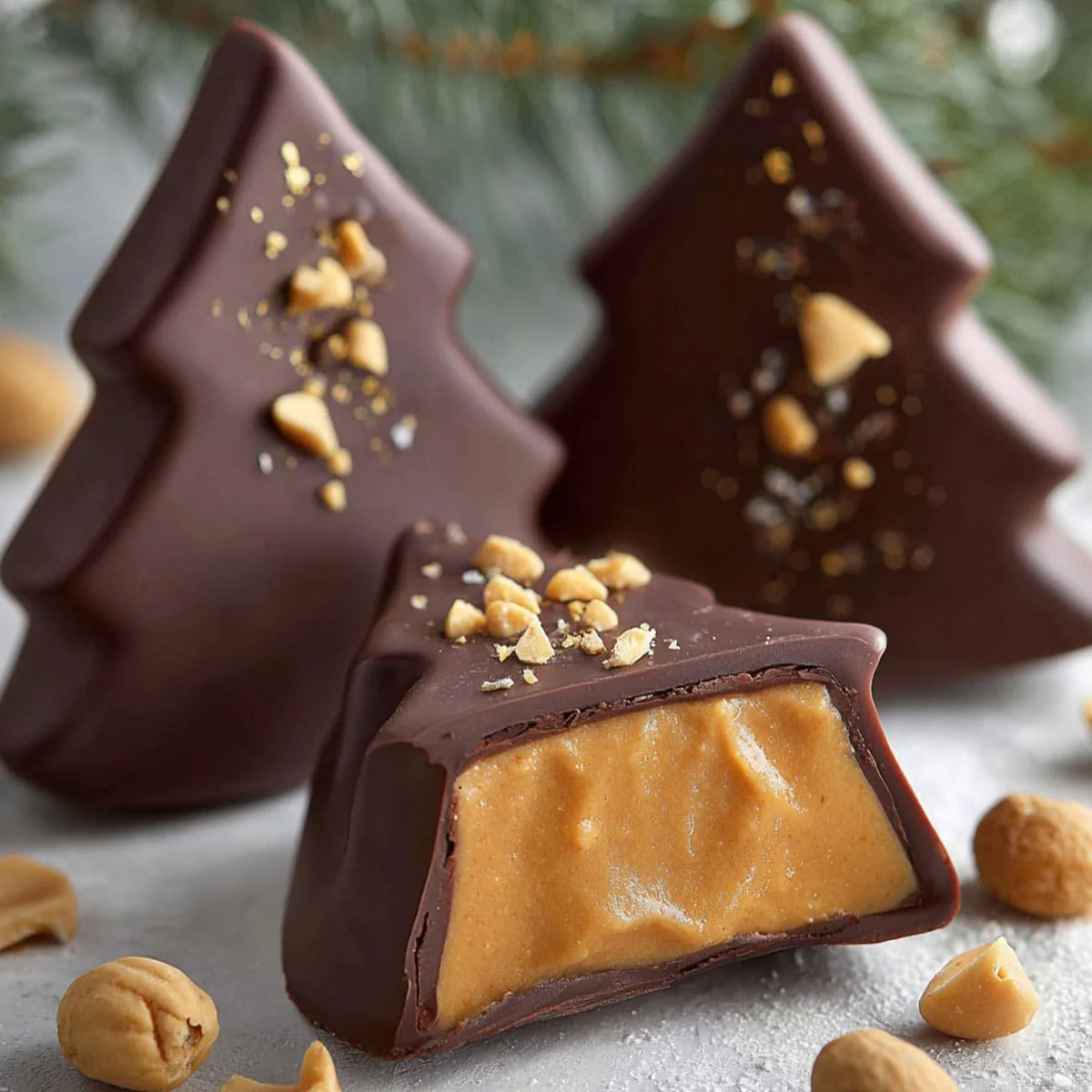 Chocolate Peanut Butter Christmas Trees arranged with peanuts and pine for gifting