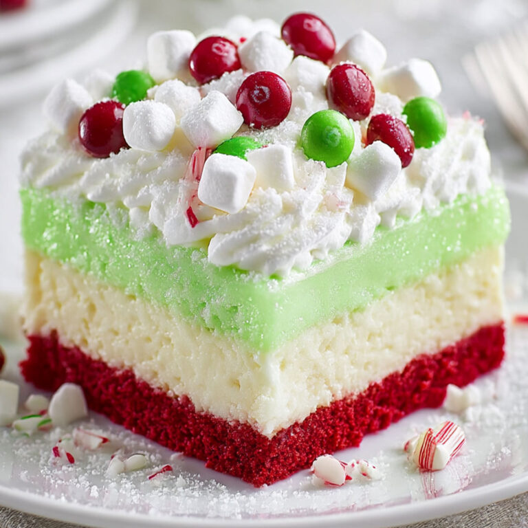 Close-up of layered Christmas Lasagna dessert with red velvet crust and marshmallow topping