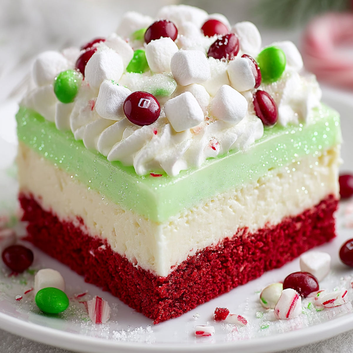Slice of Christmas Lasagna dessert with crushed peppermint and green candies on plate