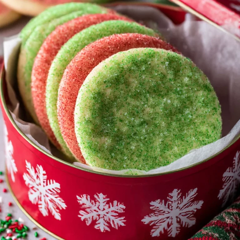 Christmas sugar cookies stacked in a festive red tin with snowflake print
