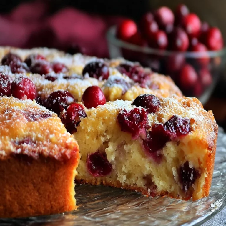 Close-up of cranberry orange breakfast cake with powdered sugar