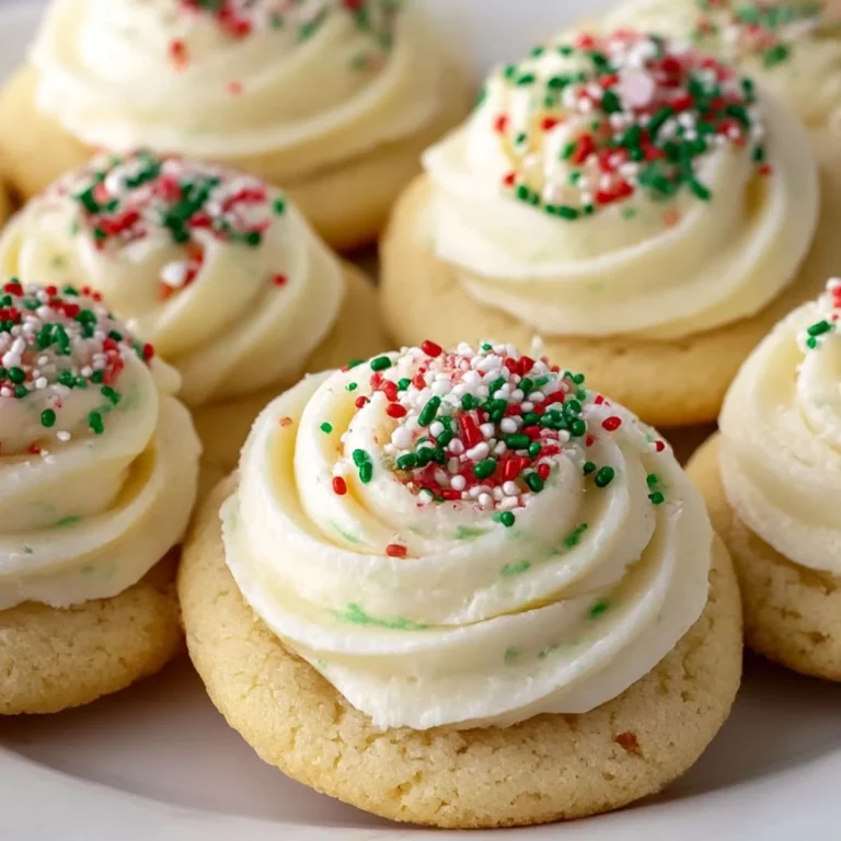 Soft cream cheese sugar cookies with swirled frosting and red and green holiday sprinkles