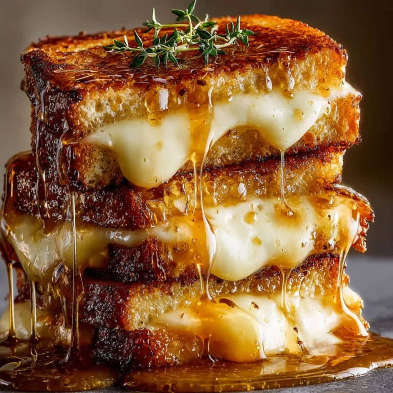Crème Brûlée French Toast stacked high with melted cheese and syrup dripping down