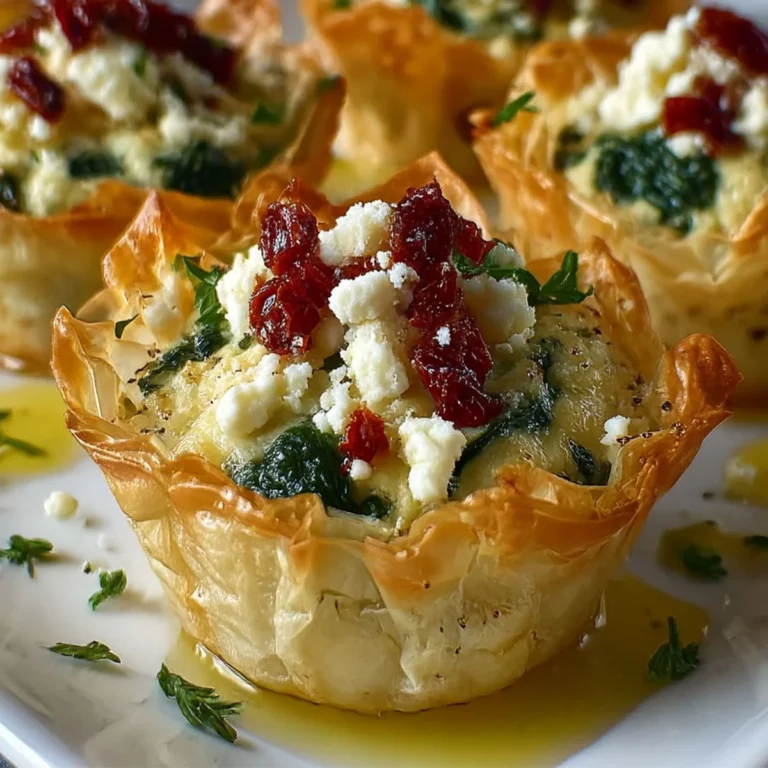 Golden-baked spinach and feta phyllo cups topped with sun-dried tomatoes and herbs