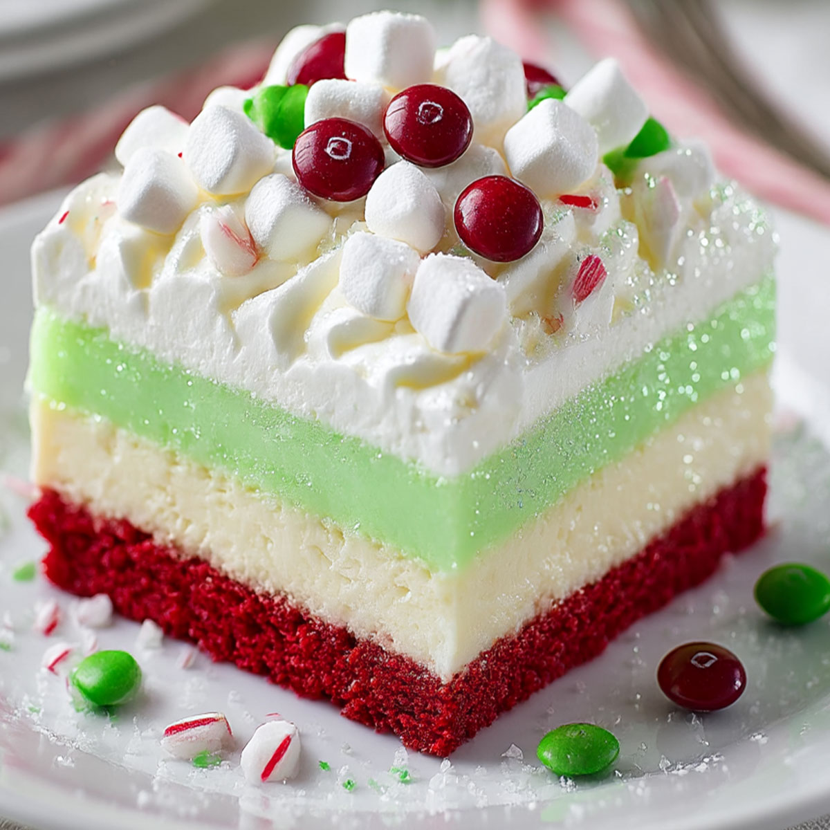 Mini marshmallows and red and green M&Ms on top of Christmas Lasagna dessert