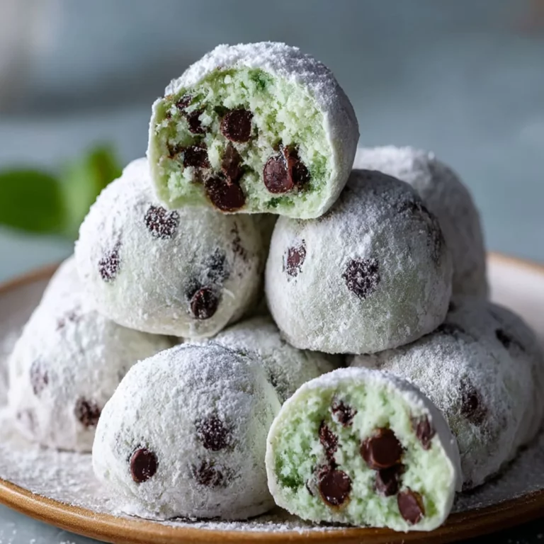 Mint Chocolate Chip Snowball Cookies stacked on a holiday plate