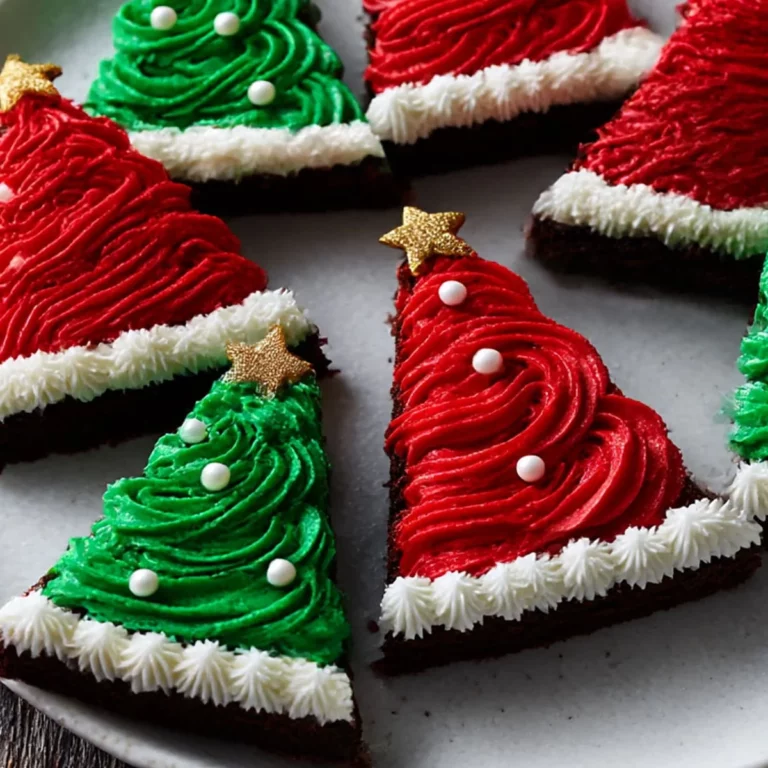 Close-up of Christmas Tree Brownies with red and green icing and holiday sprinkles, perfect for party trays or edible gifts.
