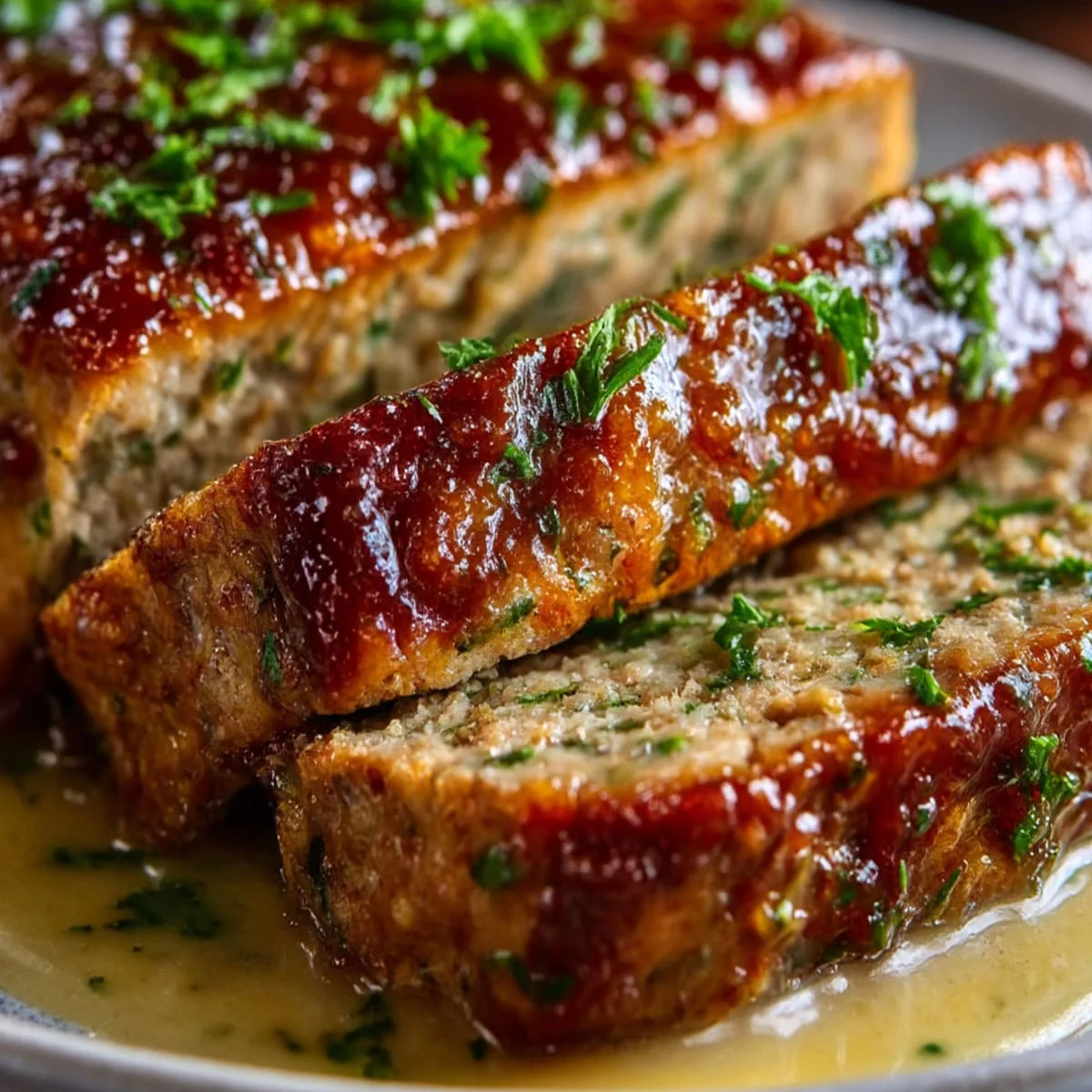 Juicy Chicken Meatloaf Recipe topped with fresh parsley and gravy