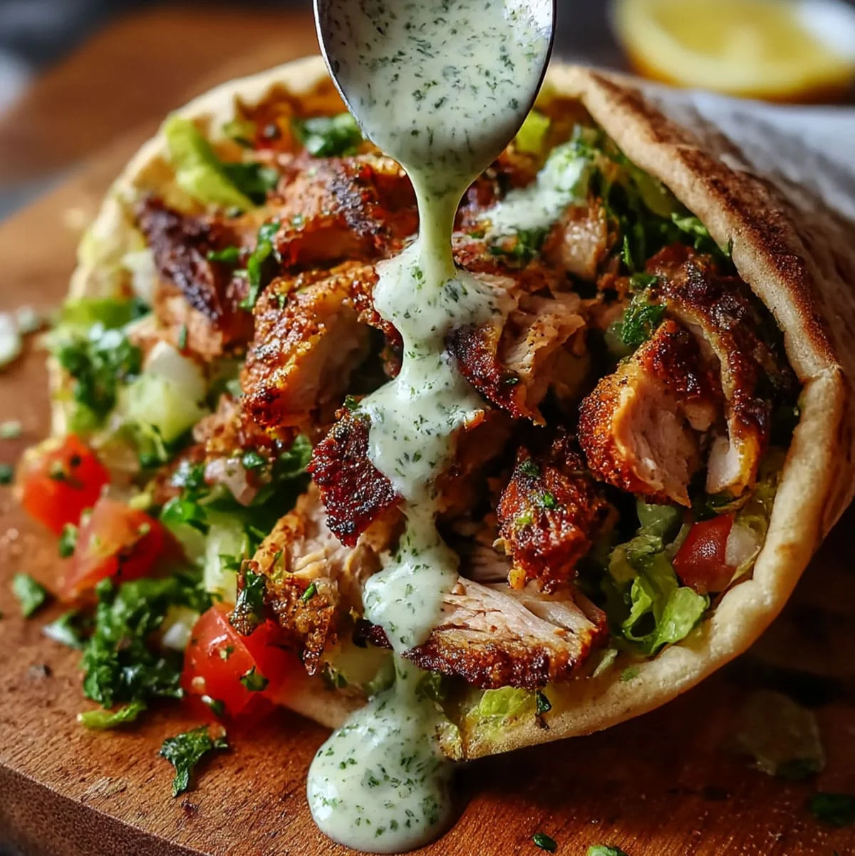 Juicy chicken shawarma wrap with creamy garlic sauce and grilled chicken thighs