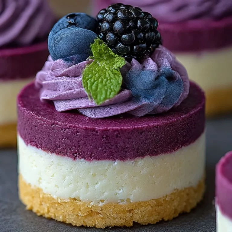 Mini white chocolate blueberry cheesecake with blackberry topping and mint leaf on top