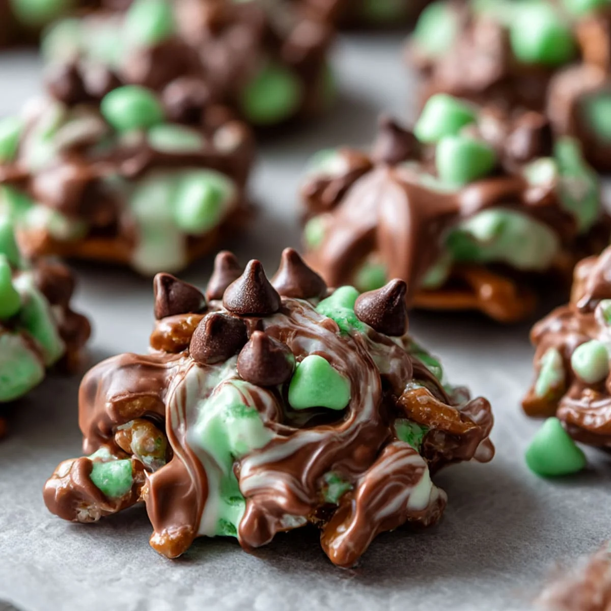No Bake Mint Chocolate Chip Clusters close-up with melted chocolate and mint candies