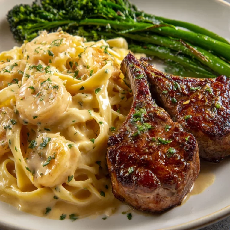 Steakhouse-style surf and turf featuring grilled lamb chops, creamy shrimp Alfredo pasta, and sautéed broccolini.