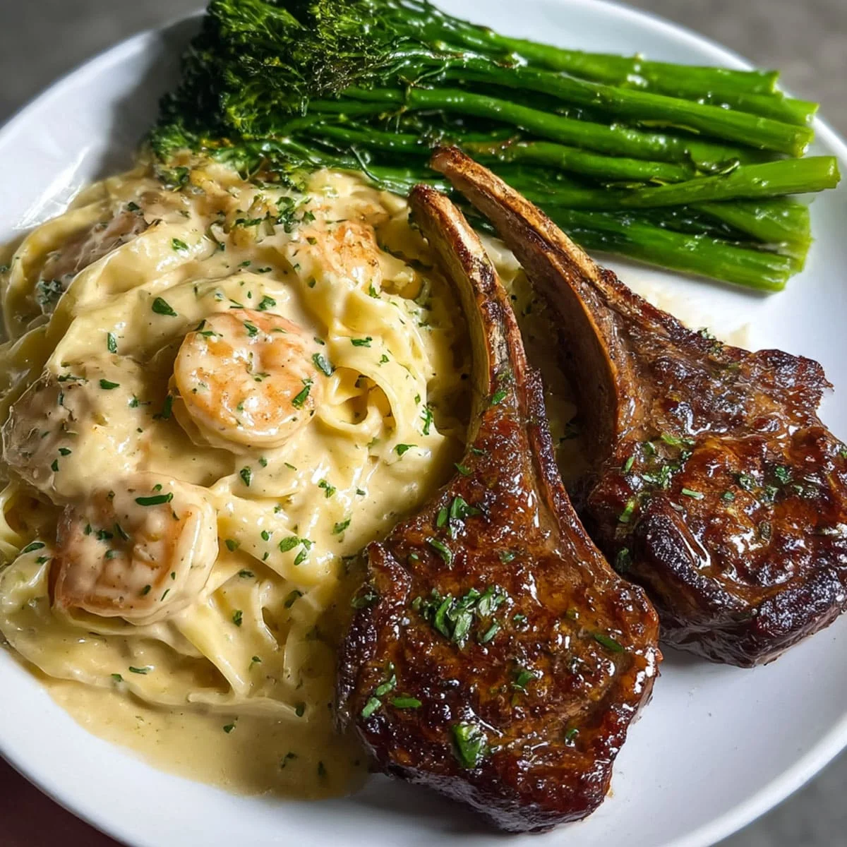 A close-up of creamy fettuccine Alfredo with shrimp, next to perfectly seared lamb chops and vibrant broccolini.