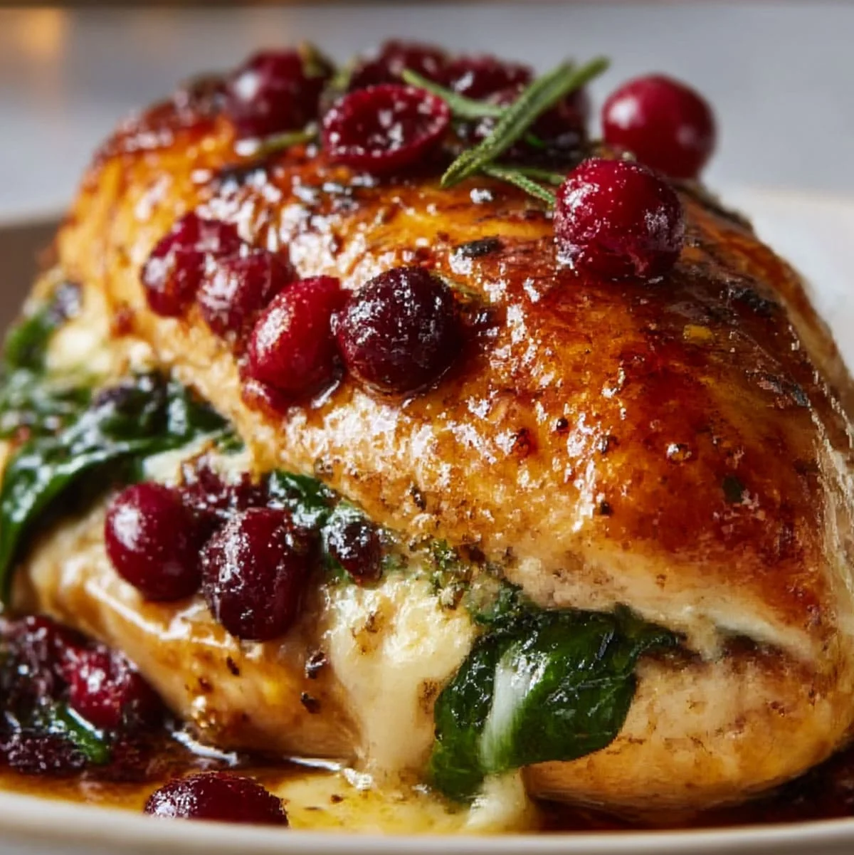 Stuffed chicken breast with spinach and cranberry glaze, seared golden brown and ready to serve