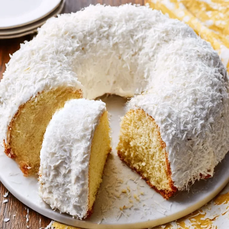White Chocolate Coconut Bundt Cake with cream cheese frosting and shredded coconut topping