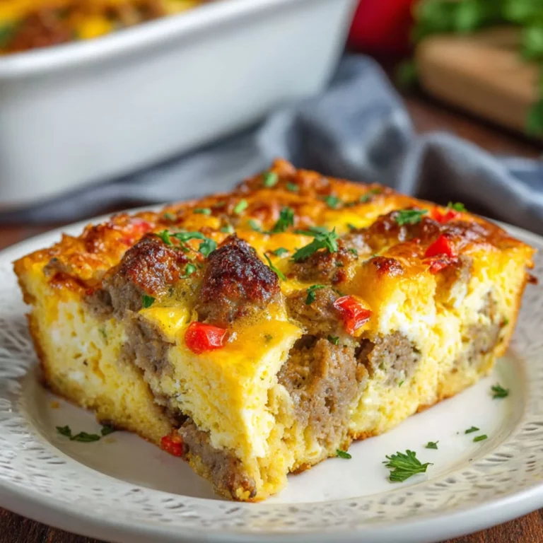 Unbaked sausage and egg casserole layered with sausage, cheese, and colorful veggies