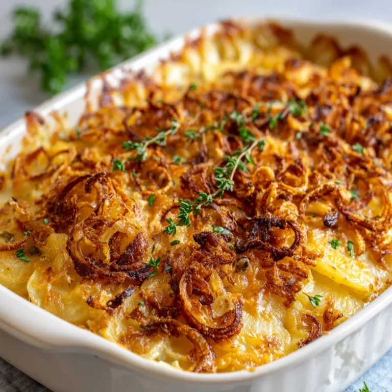 Crispy fried onion scalloped potatoes recipe baked in a white casserole dish topped with golden onions and herbs