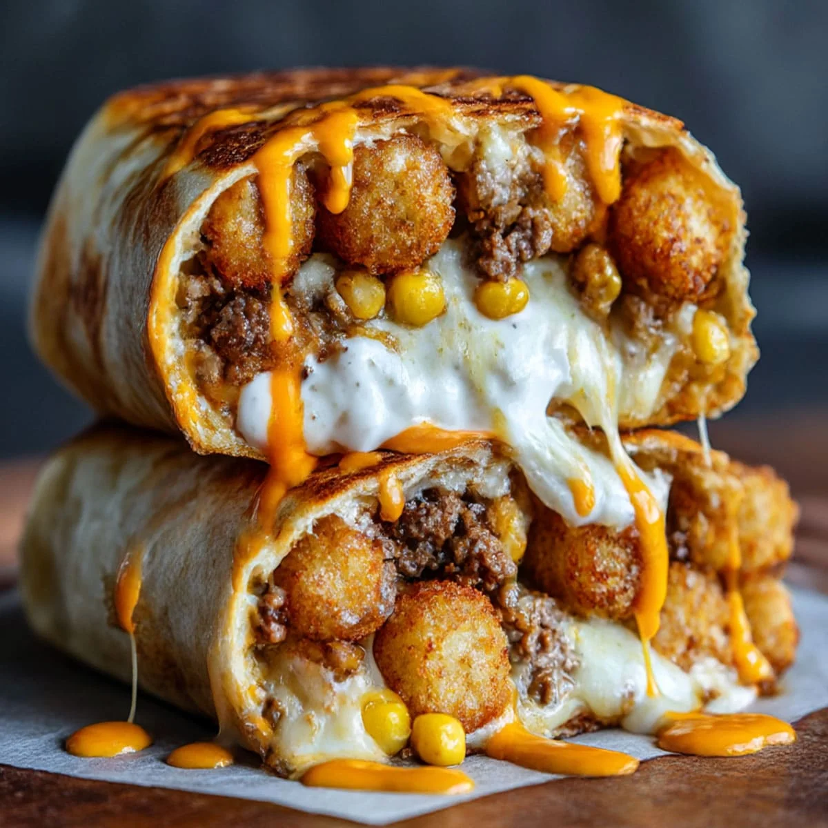 Cheesy Potato Burritos with crispy tater tots, melted cheese, and spicy chipotle drizzle
