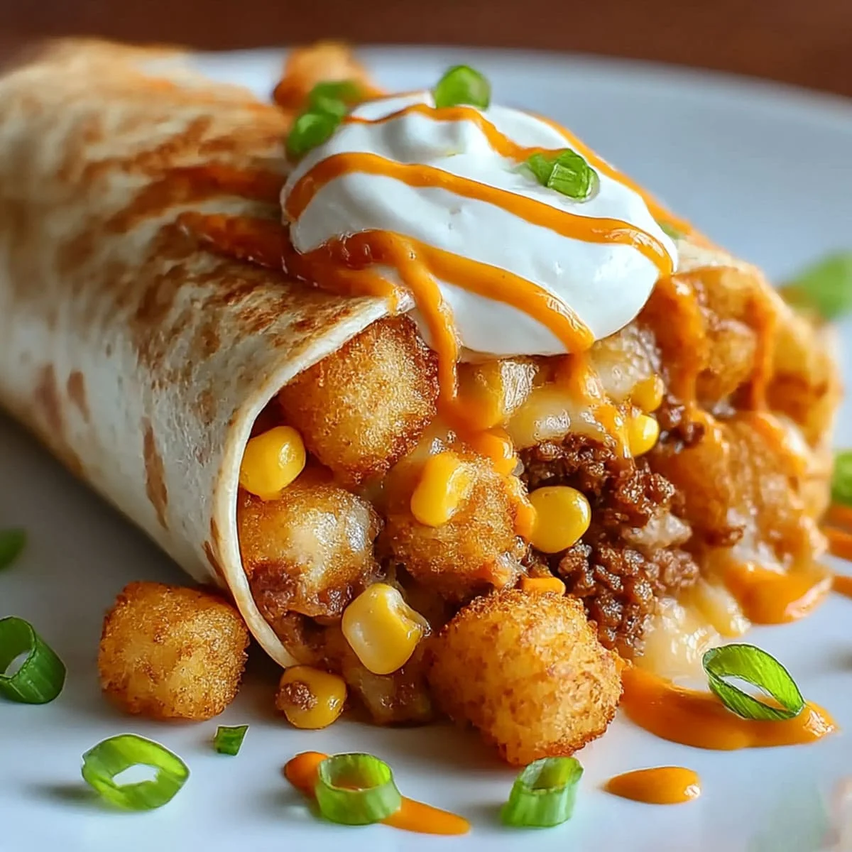 Cheesy Potato Burritos served with green onions, sour cream, and chipotle sauce