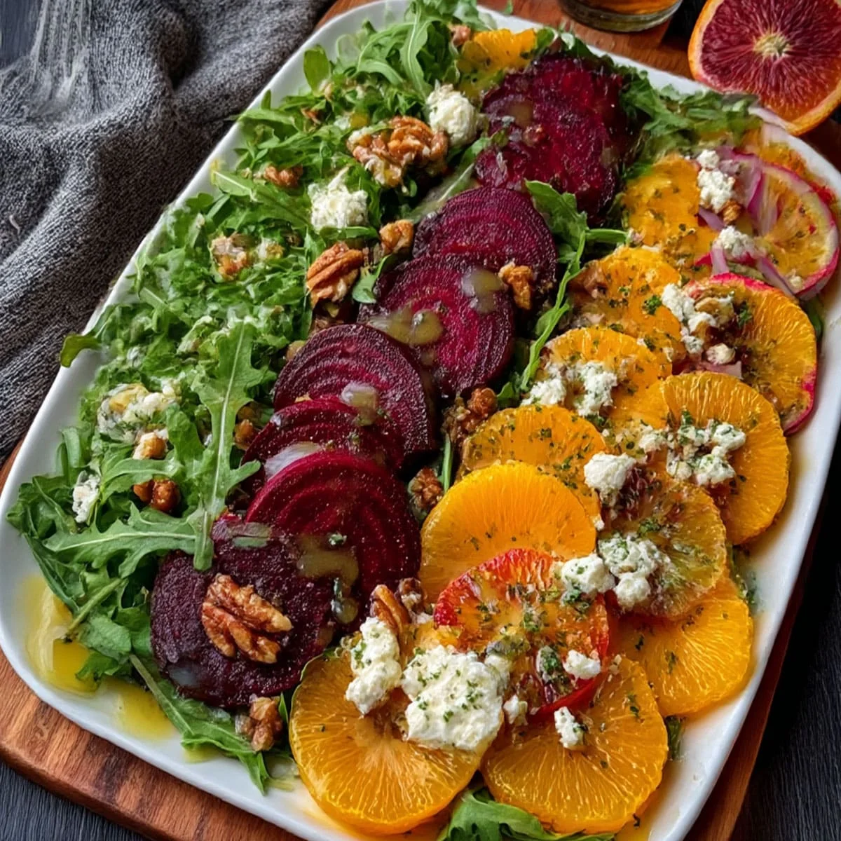 Overhead view of beet citrus salad with blood oranges, arugula, goat cheese, walnuts, and honey vinaigrette on a white platter