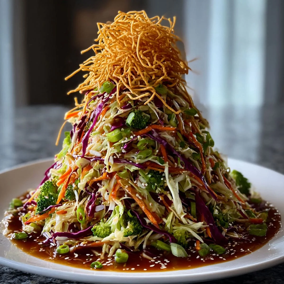 Overhead view of Crunchy Asian Cabbage Salad Recipe with colorful vegetables and crispy noodles