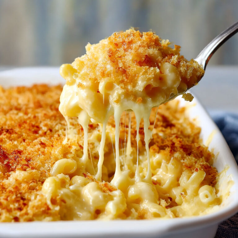 Baked mac and cheese with golden topping and cheese pull