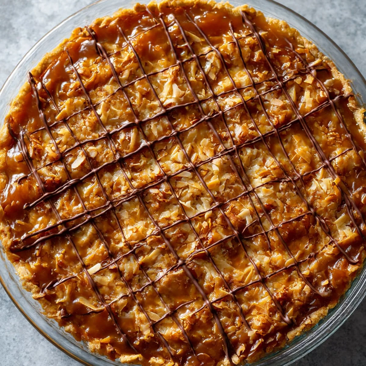 Whole Samoa Pie topped with toasted coconut, caramel, and chocolate drizzle on a white serving plate