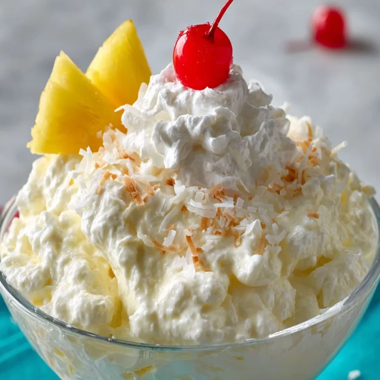 Pina Colada Fluff with cherry, shredded coconut, and pineapple slice