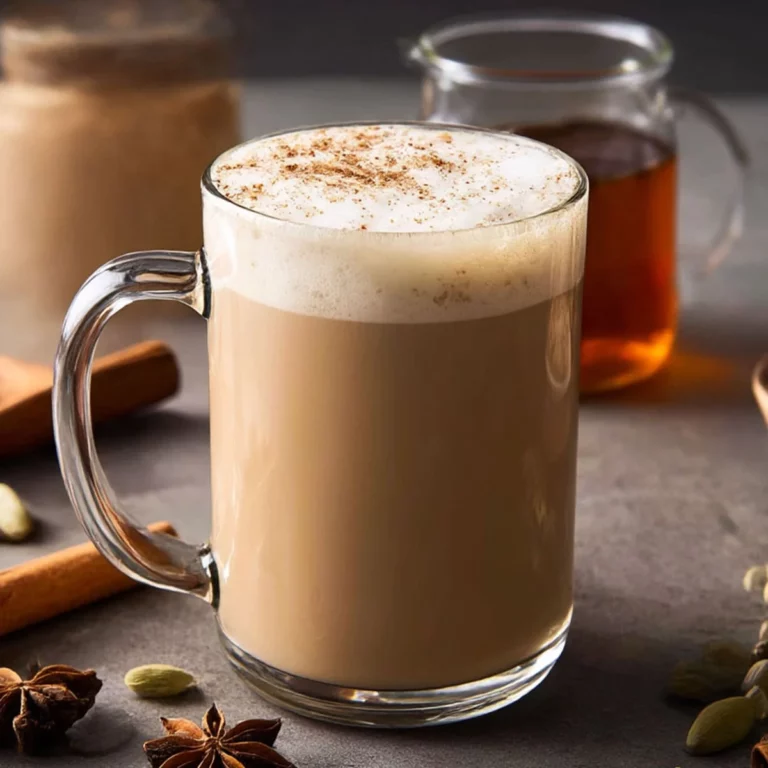 Chai Tea Latte in a clear mug topped with cinnamon and surrounded by warming spices