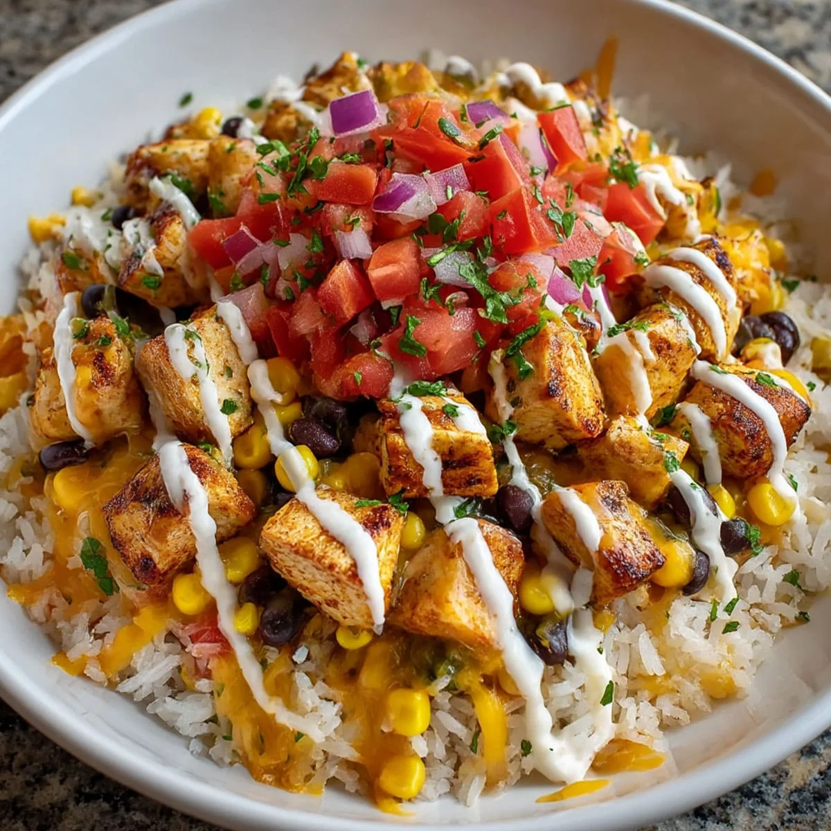 Cheesy Southwest chicken and rice in a white bowl topped with salsa, corn, black beans, and drizzle