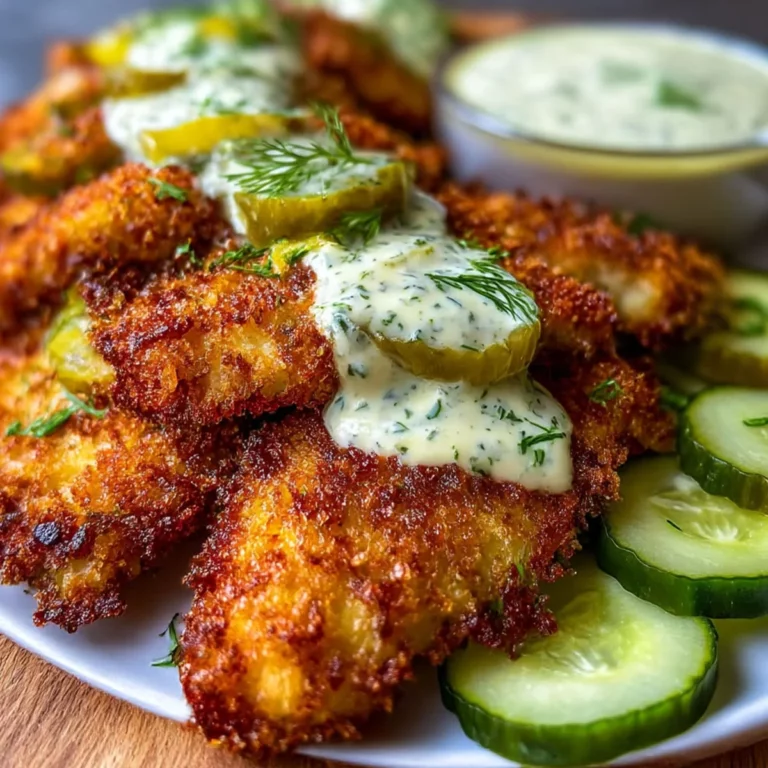 Crispy Dill Pickle Parmesan Chicken with pickle slices and dill ranch