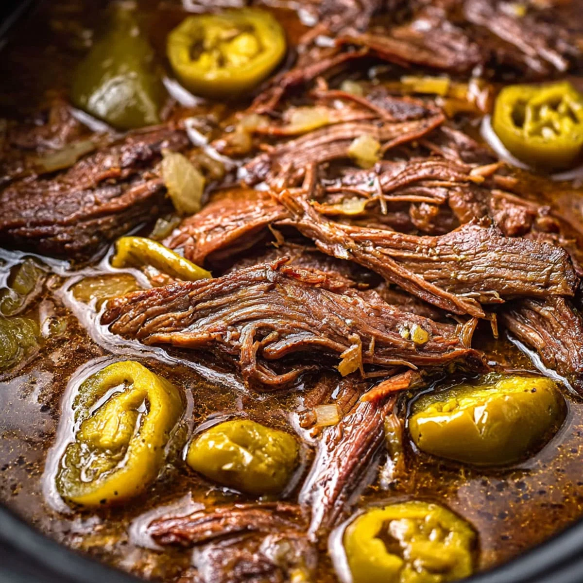 Crockpot Mississippi Pot Roast with shredded beef and sliced pepperoncini in rich gravy