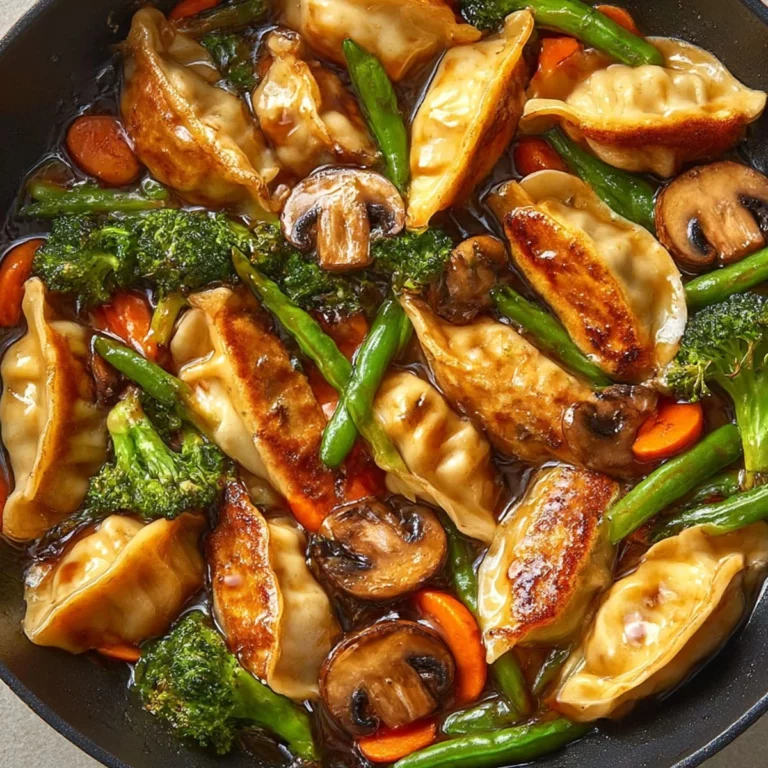 Potsticker Stir Fry with crispy dumplings and vegetables in soy-ginger sauce