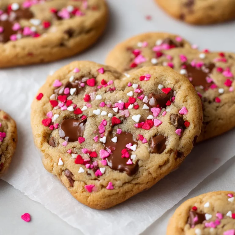 Heart Shaped Chocolate Chip Cookies with melted chocolate and Valentine’s sprinkles on parchment