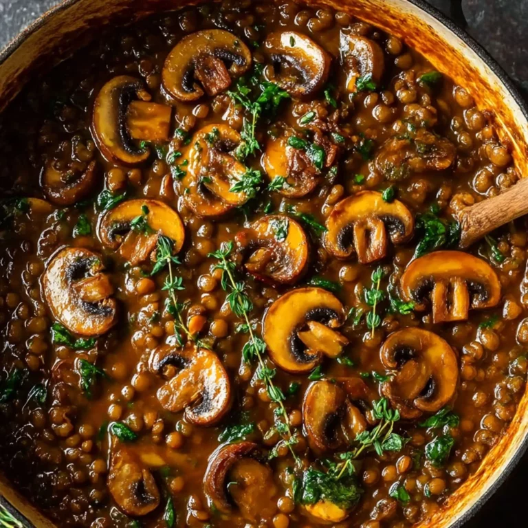 Lentil Mushroom Stew simmering in a pot with thyme and mushrooms