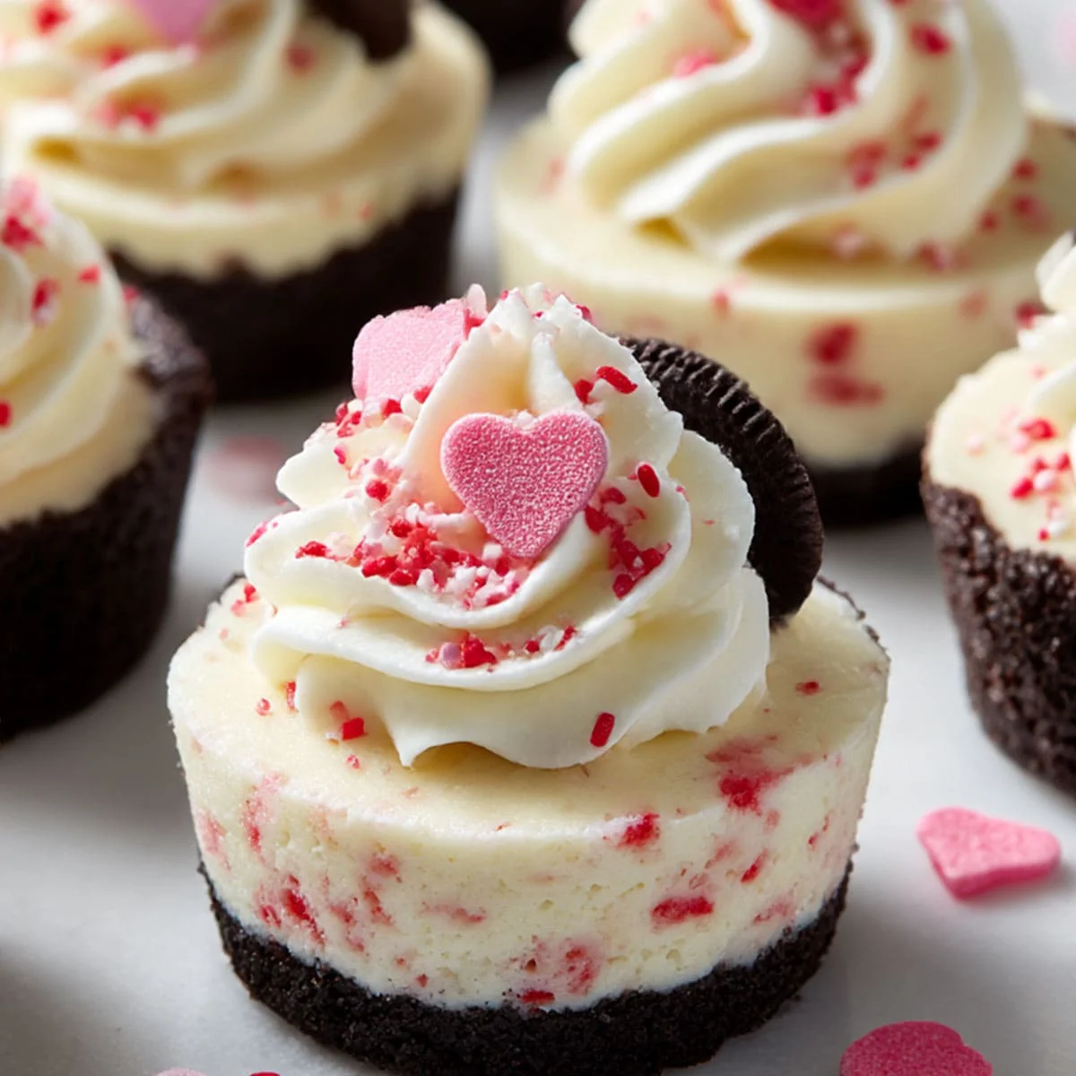 Close-up of a Mini Oreo Cheesecake with red sprinkles and cookie garnish
