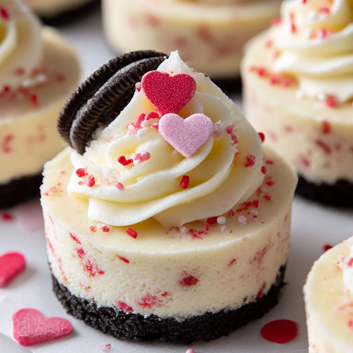 Mini Oreo Cheesecake with whipped cream, heart sprinkles, and Oreo crust