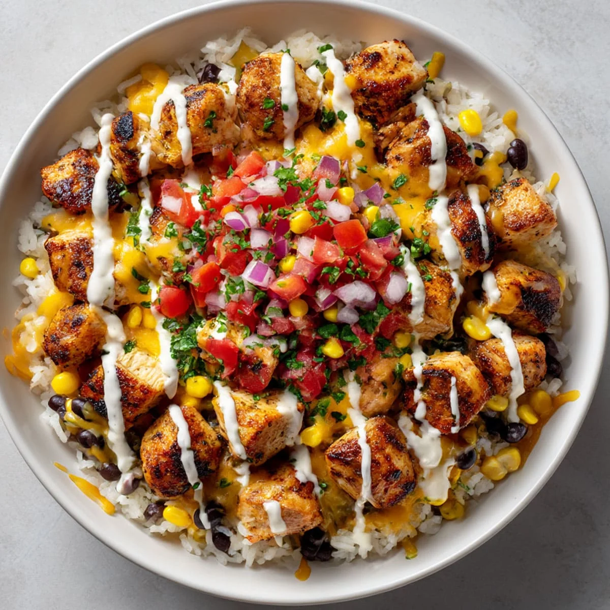 Cheesy Southwest chicken and rice garnished with chopped tomato, onions, and creamy dressing