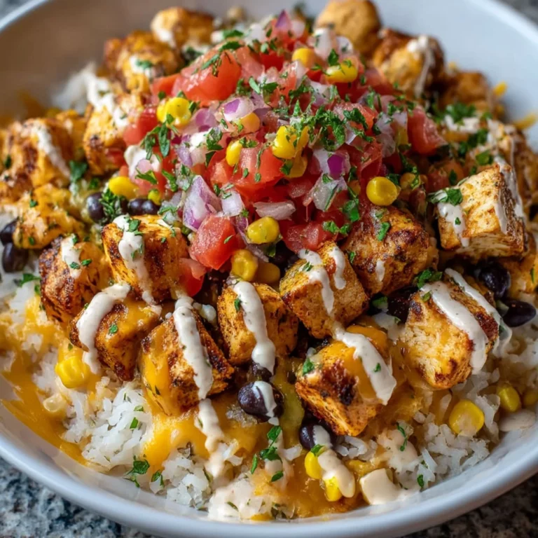 Cheesy Southwest chicken and rice with pico de gallo, black beans, and corn