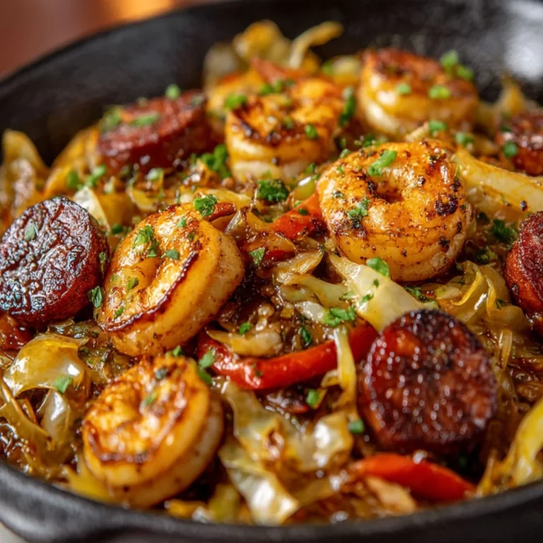Close-up of shrimp sausage cabbage skillet with peppers and caramelized cabbage