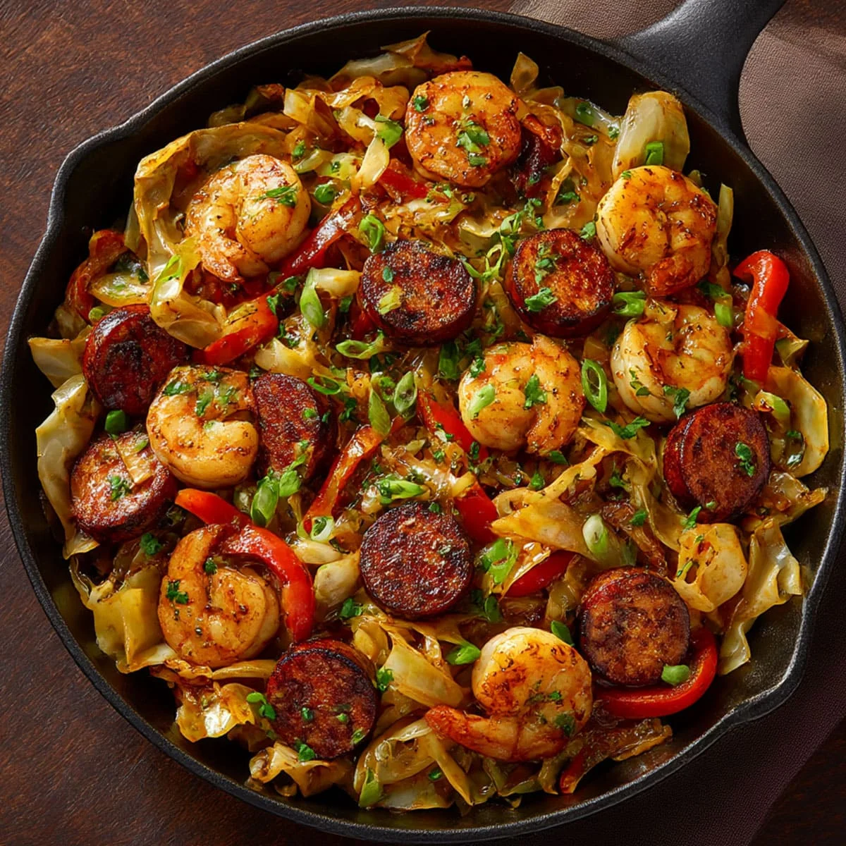 Cajun shrimp sausage cabbage skillet recipe in a rustic skillet with herbs and seasoning