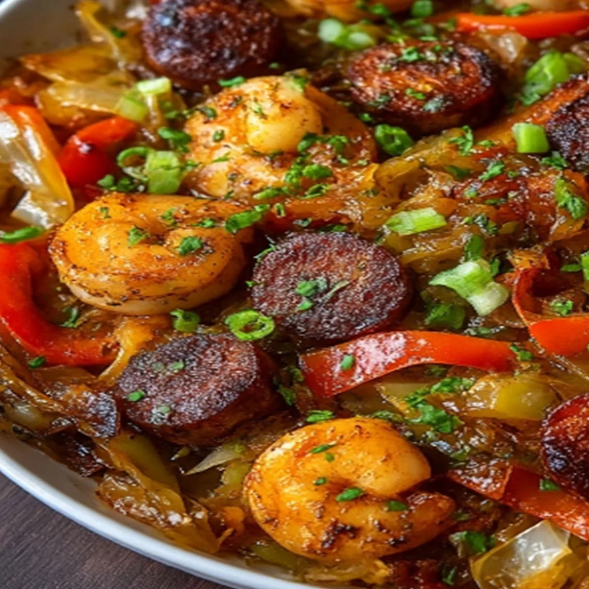 Shrimp sausage cabbage skillet recipe in a cast iron pan with bell peppers and herbs
