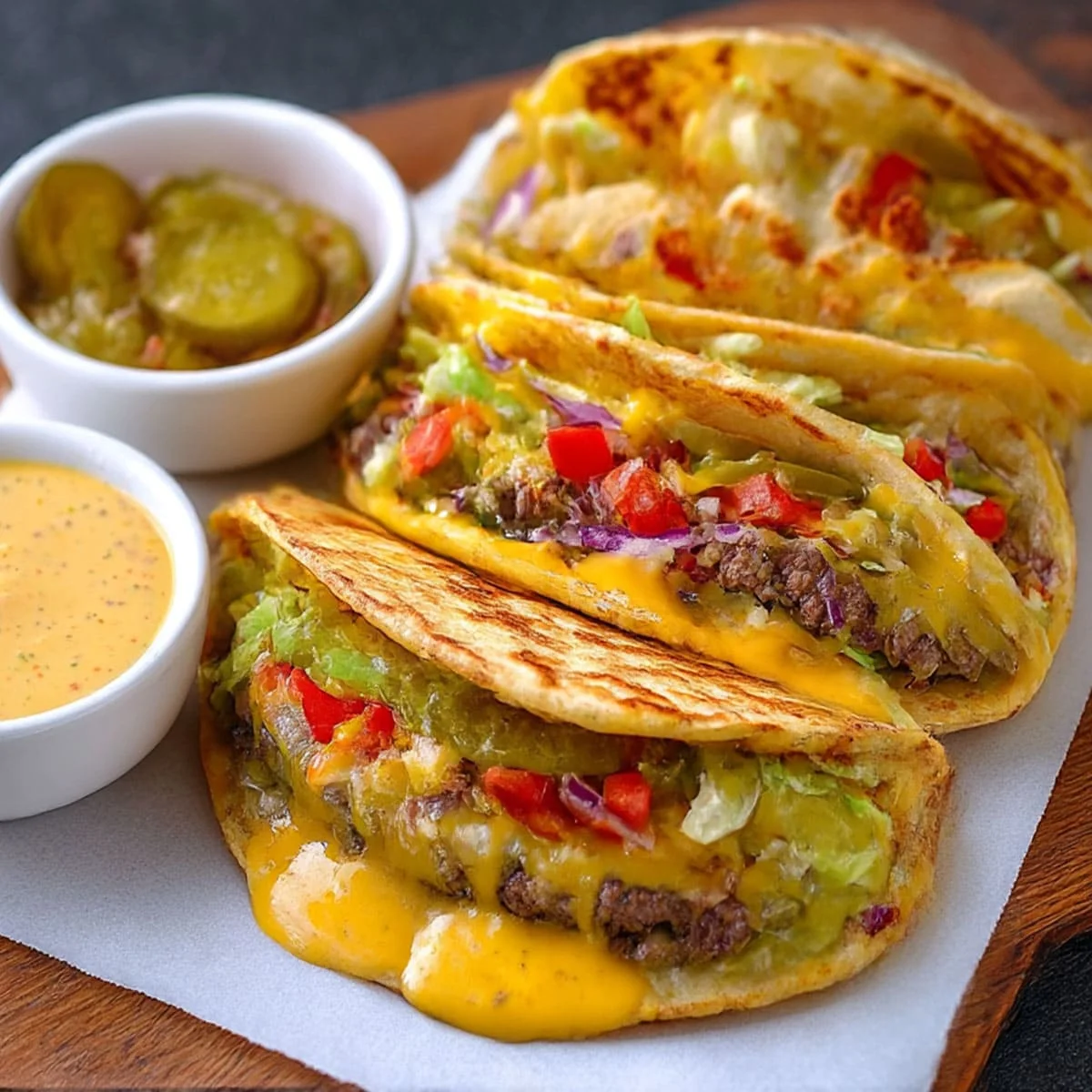 Classic Smash Burger Tacos served with creamy sauce and pickles