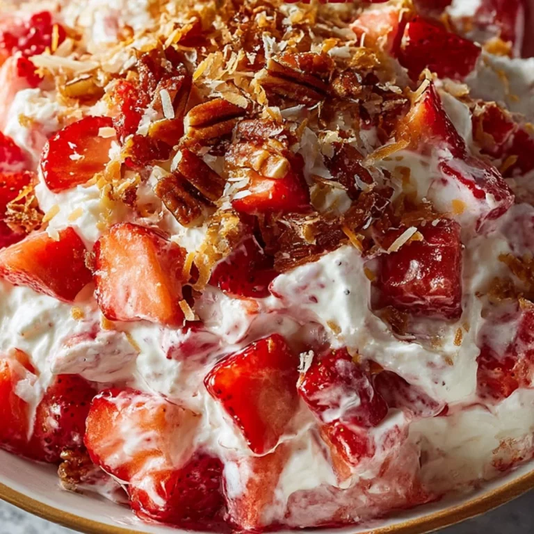 Strawberry Crackle Salad with layers of whipped cream, strawberries, and crunchy toasted topping