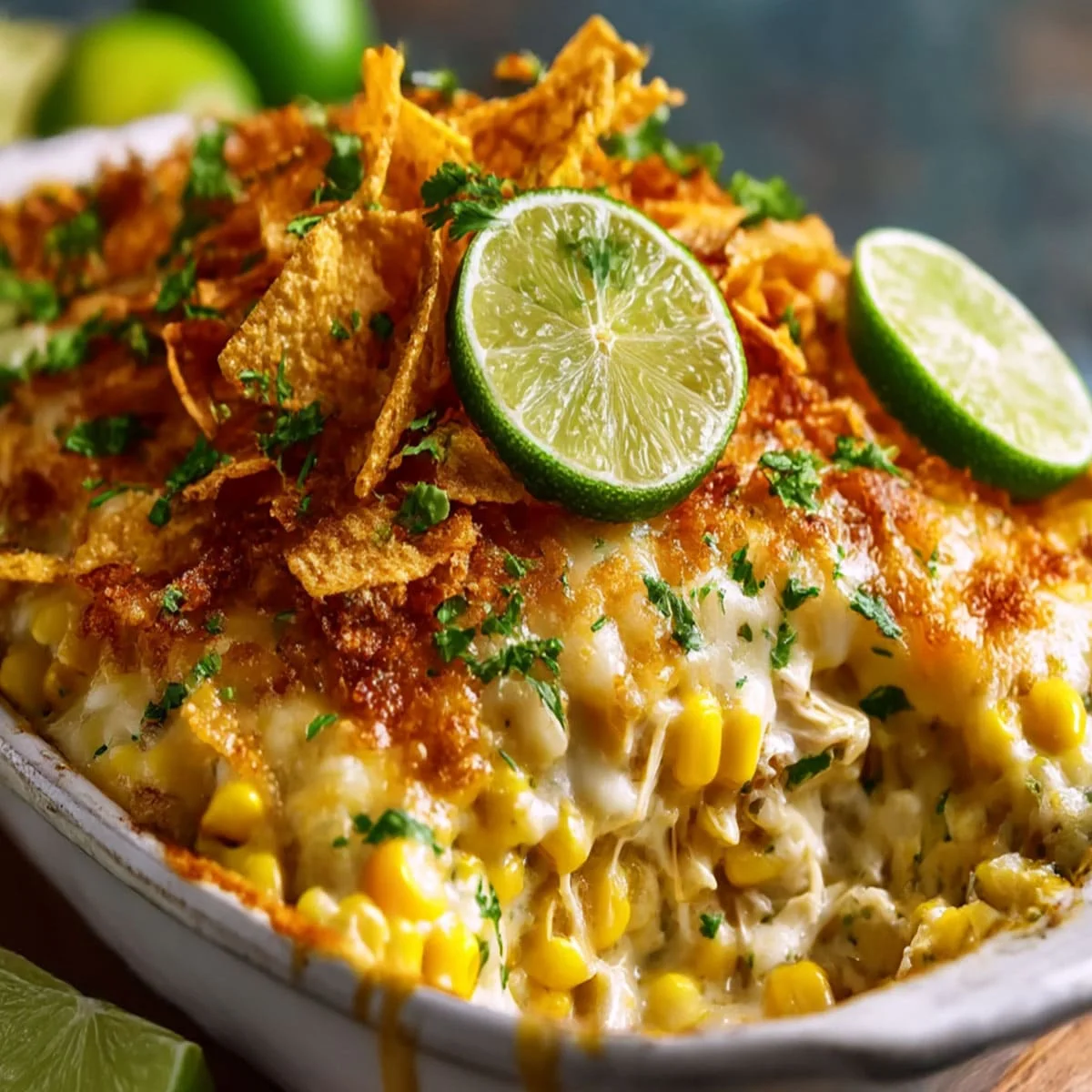 Street Corn Chicken Casserole topped with lime slices, crushed tortilla chips, and melted cheese in a baking dish