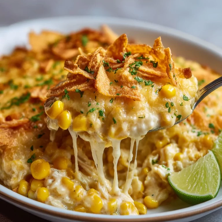 Spoon lifting gooey Street Corn Chicken Casserole with melted cheese, corn, and tortilla chip topping